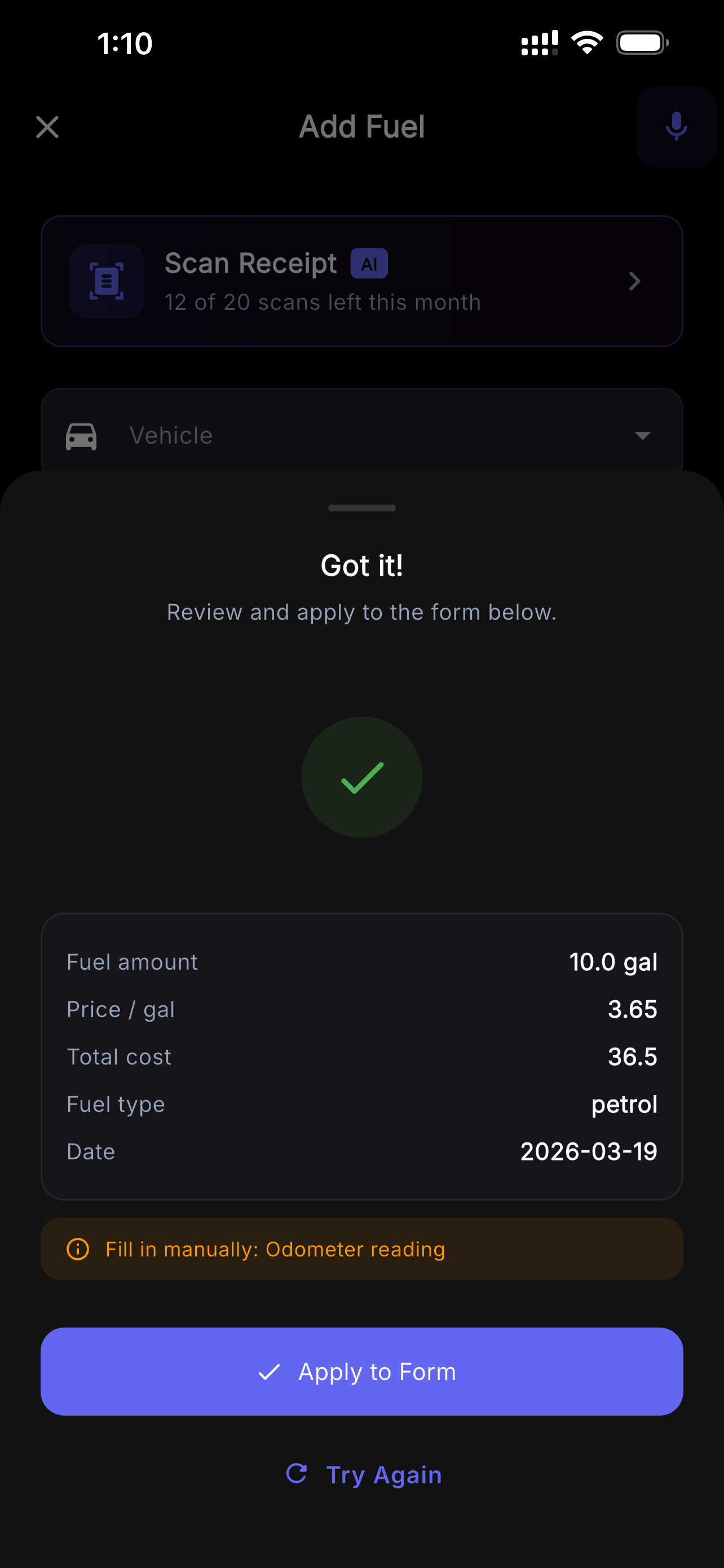 VehIQ AI Receipt Scan